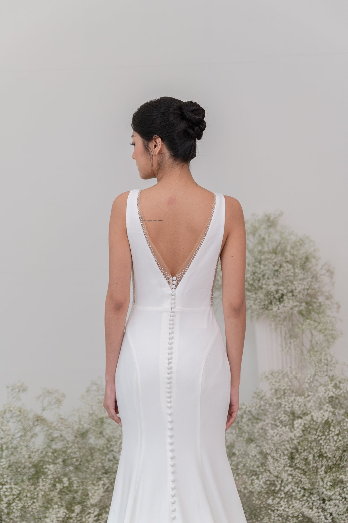 Audrey Wedding Gown Try - On – Fit & Flare Crepe, Deep V - Laceywedding