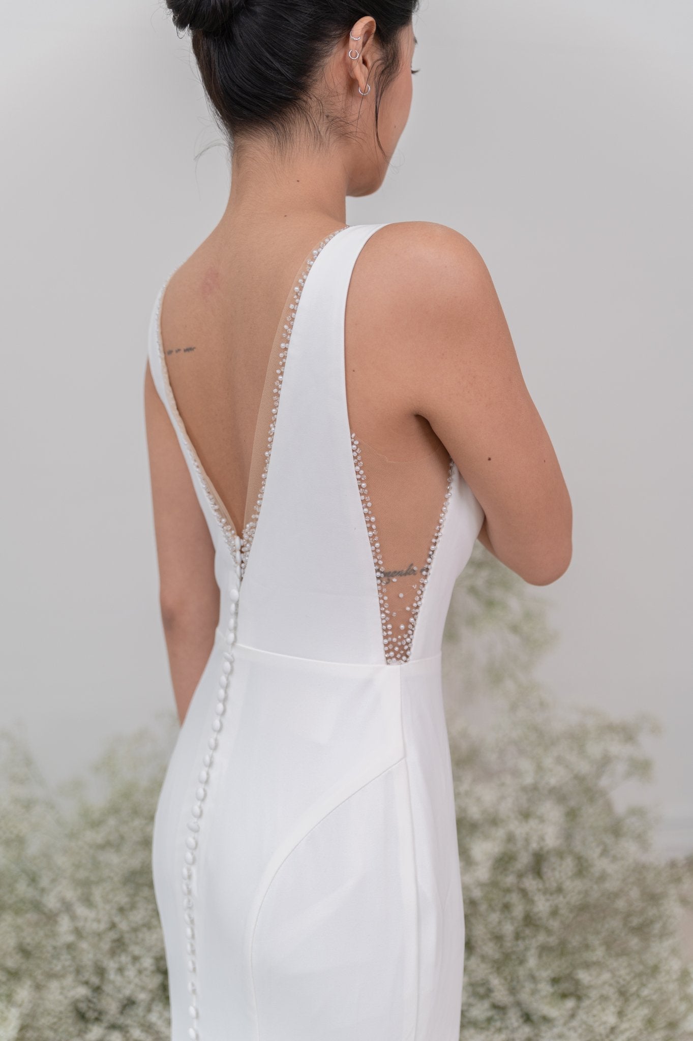 Audrey Wedding Gown Try - On – Fit & Flare Crepe, Deep V - Laceywedding