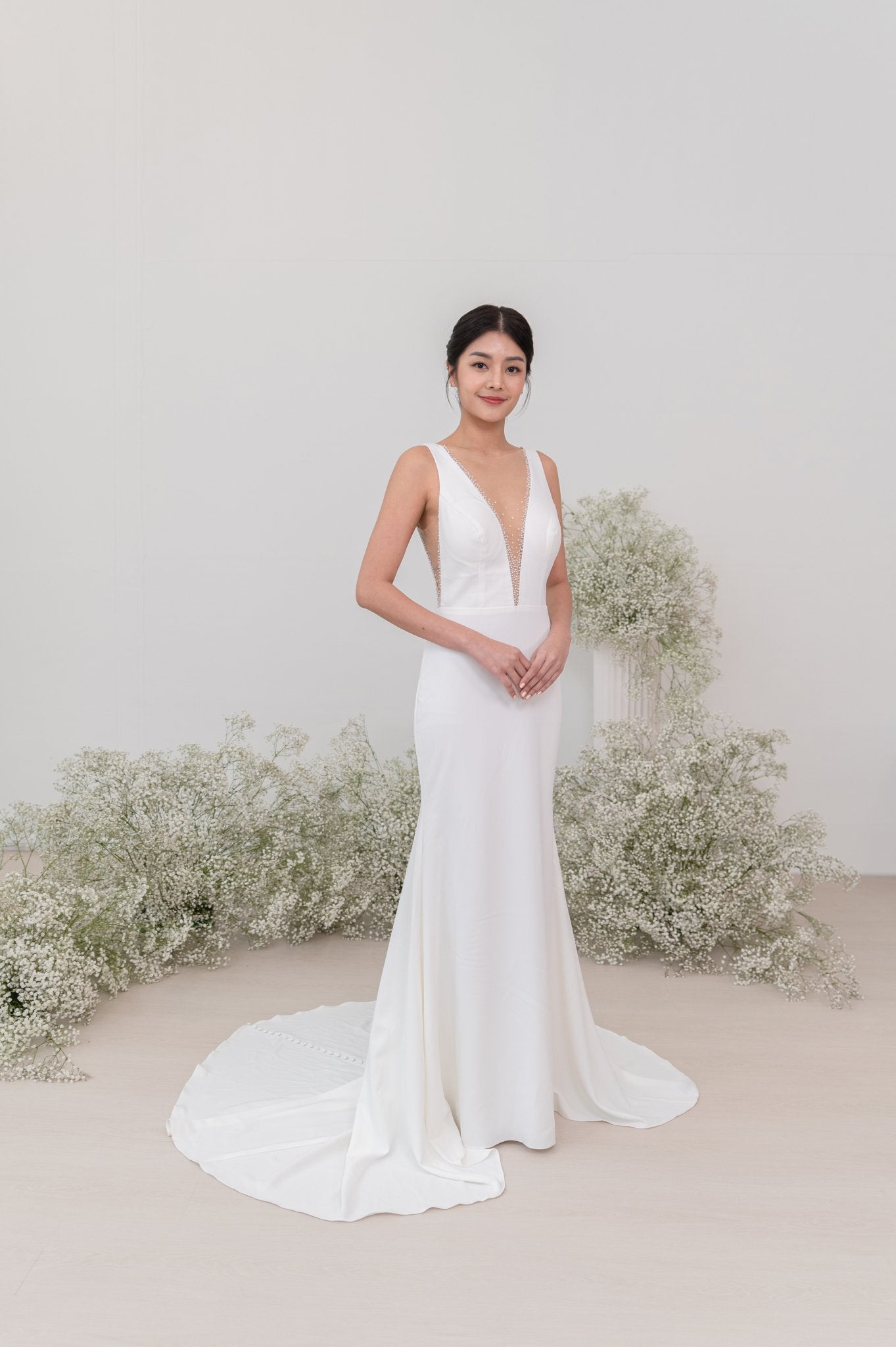 Audrey Wedding Gown Try - On – Fit & Flare Crepe, Deep V - Laceywedding