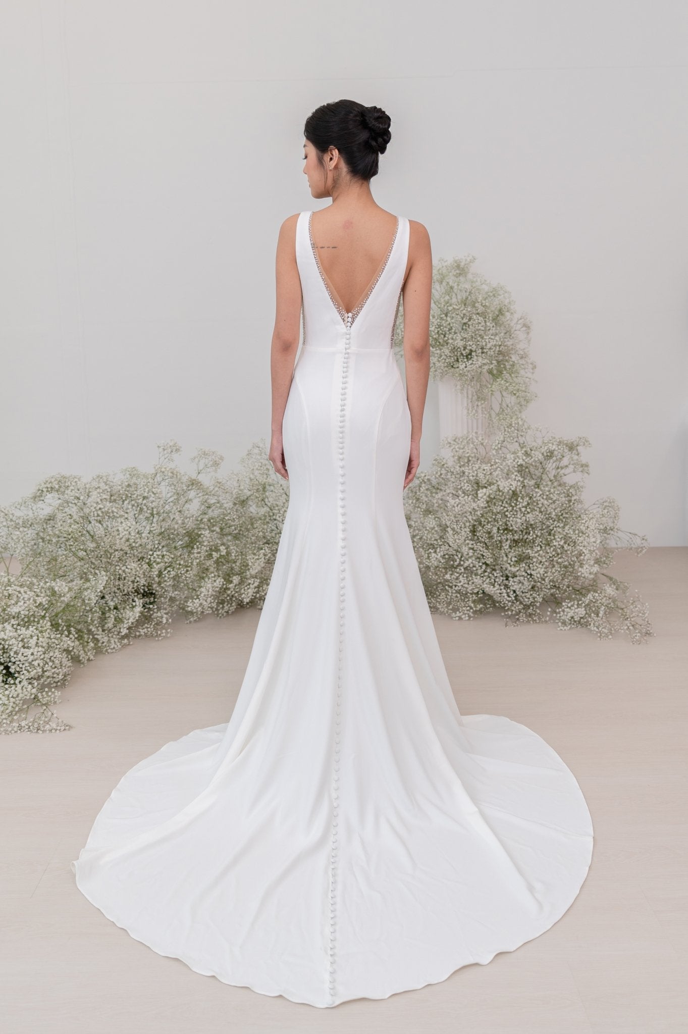 Audrey Wedding Gown Try - On – Fit & Flare Crepe, Deep V - Laceywedding