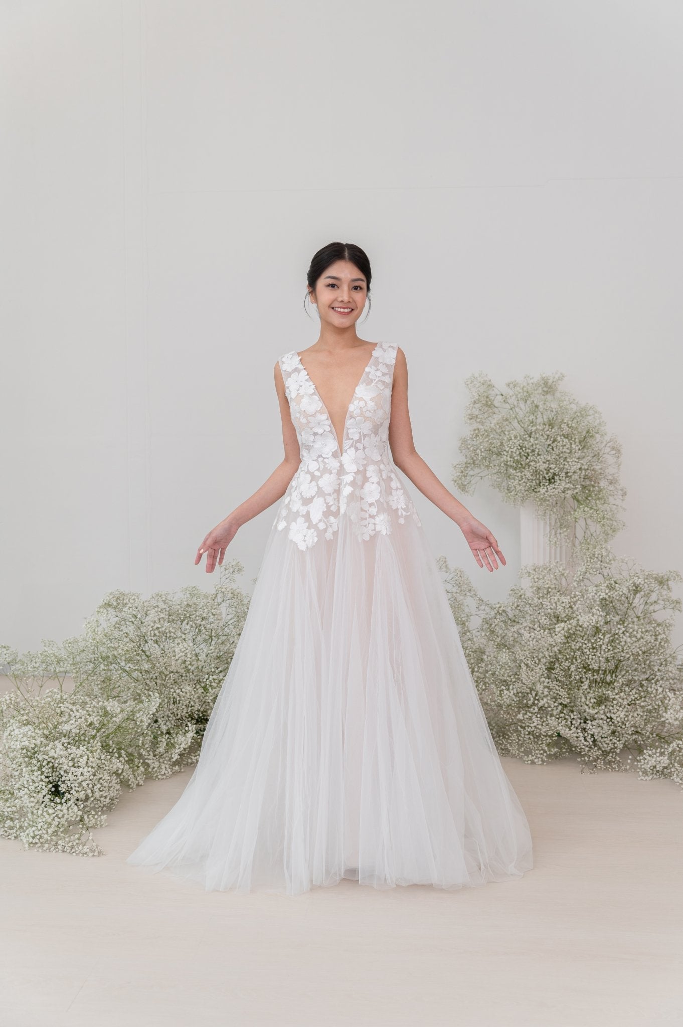 Hazel Wedding Gown Try - On – One - Shoulder Beaded Cape - Laceywedding