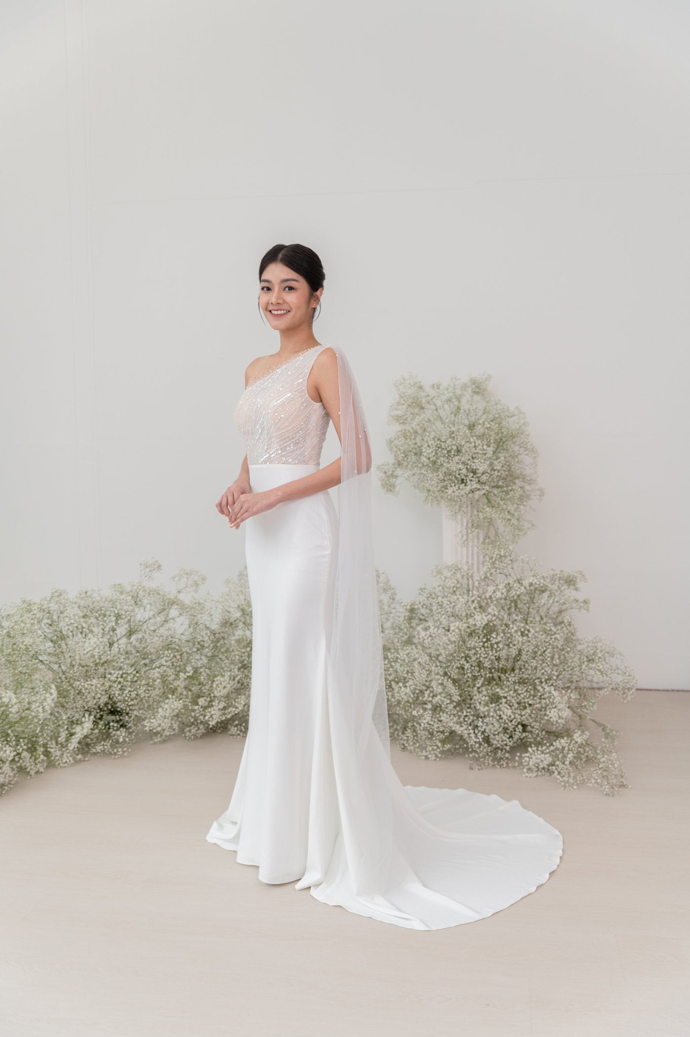 Hazel Wedding Gown Try - On – One - Shoulder Beaded Cape - Laceywedding