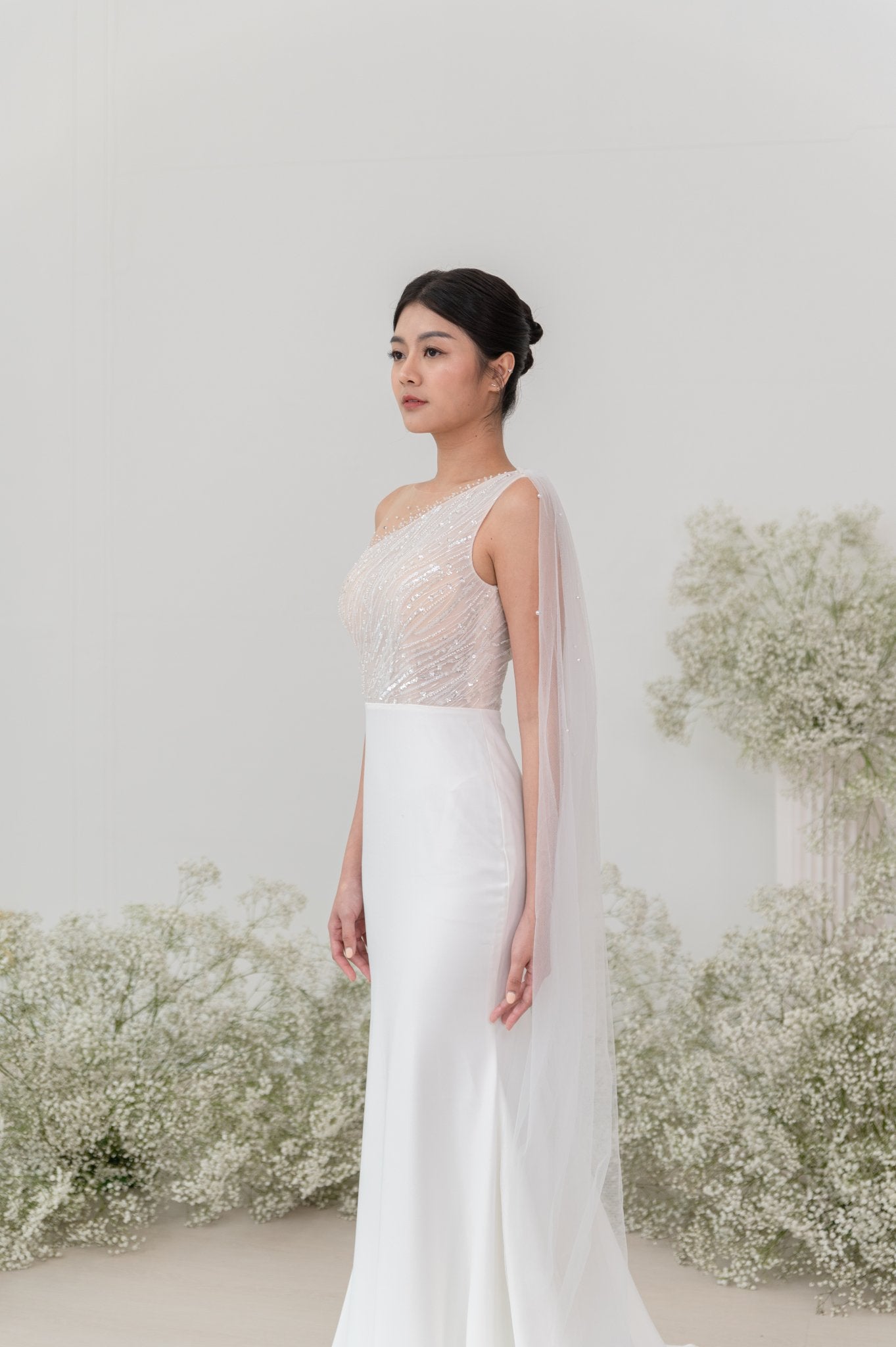 Hazel Wedding Gown Try - On – One - Shoulder Beaded Cape - Laceywedding