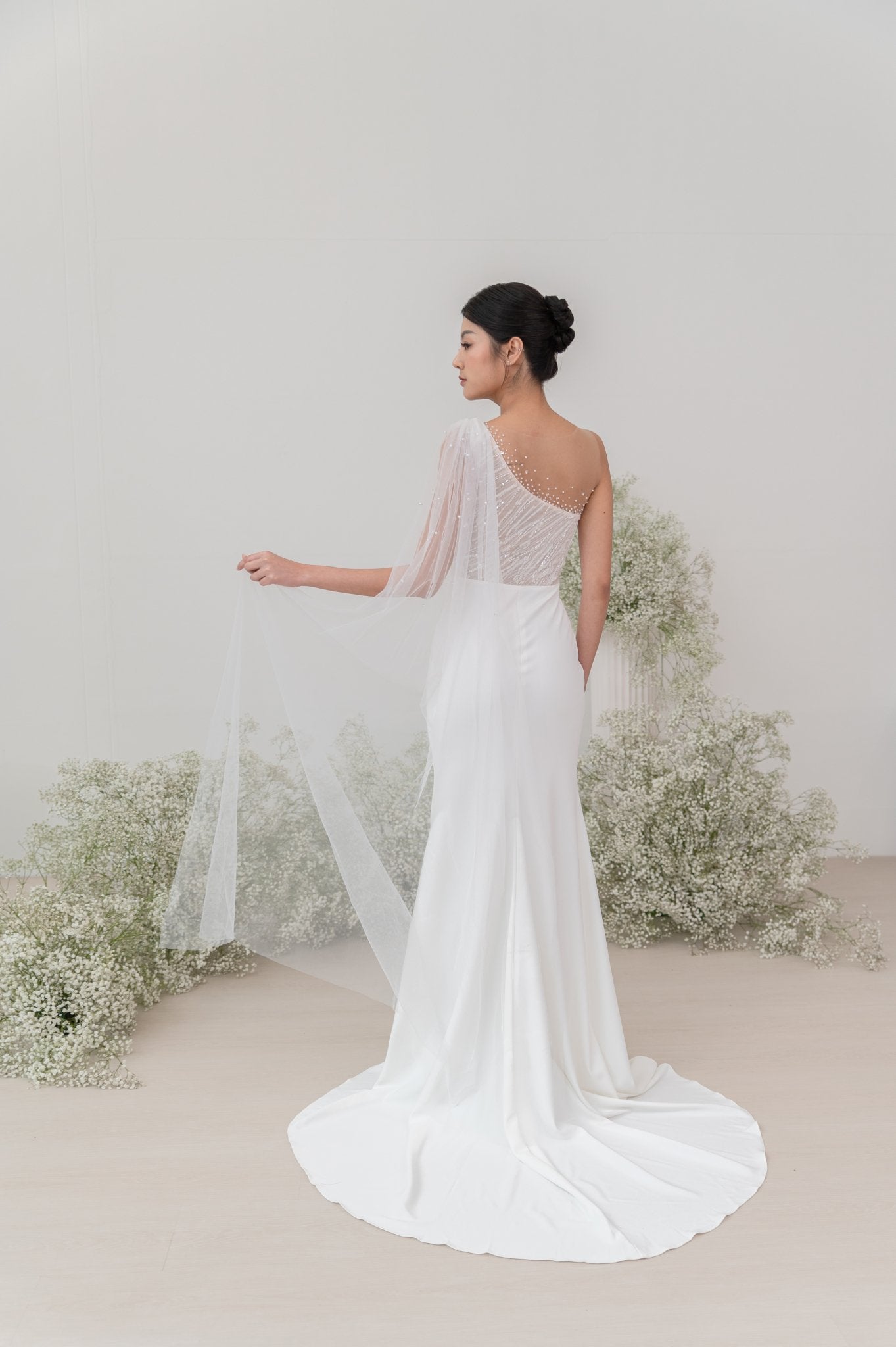 Hazel Wedding Gown Try - On – One - Shoulder Beaded Cape - Laceywedding