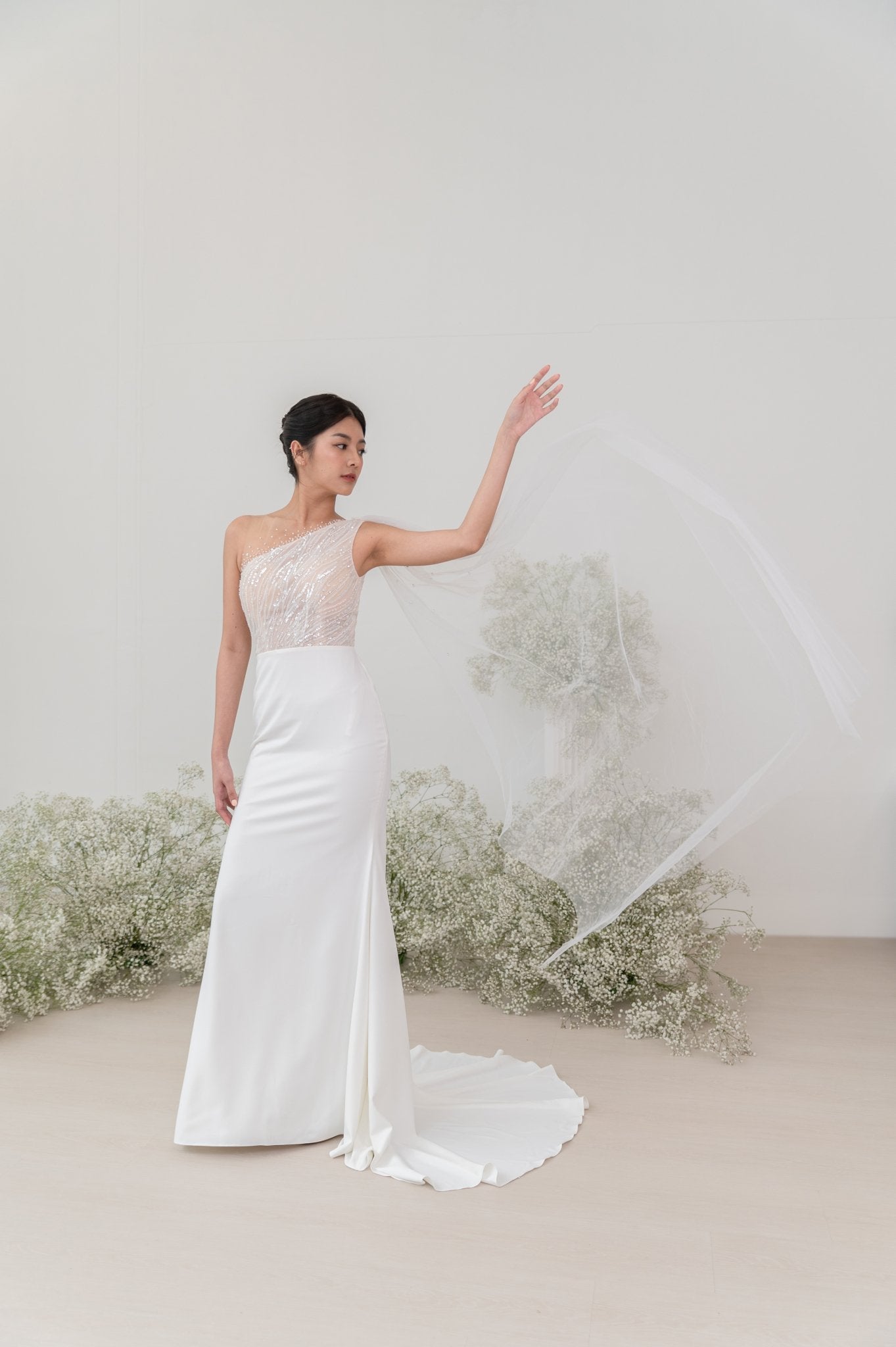 Hazel Wedding Gown Try - On – One - Shoulder Beaded Cape - Laceywedding