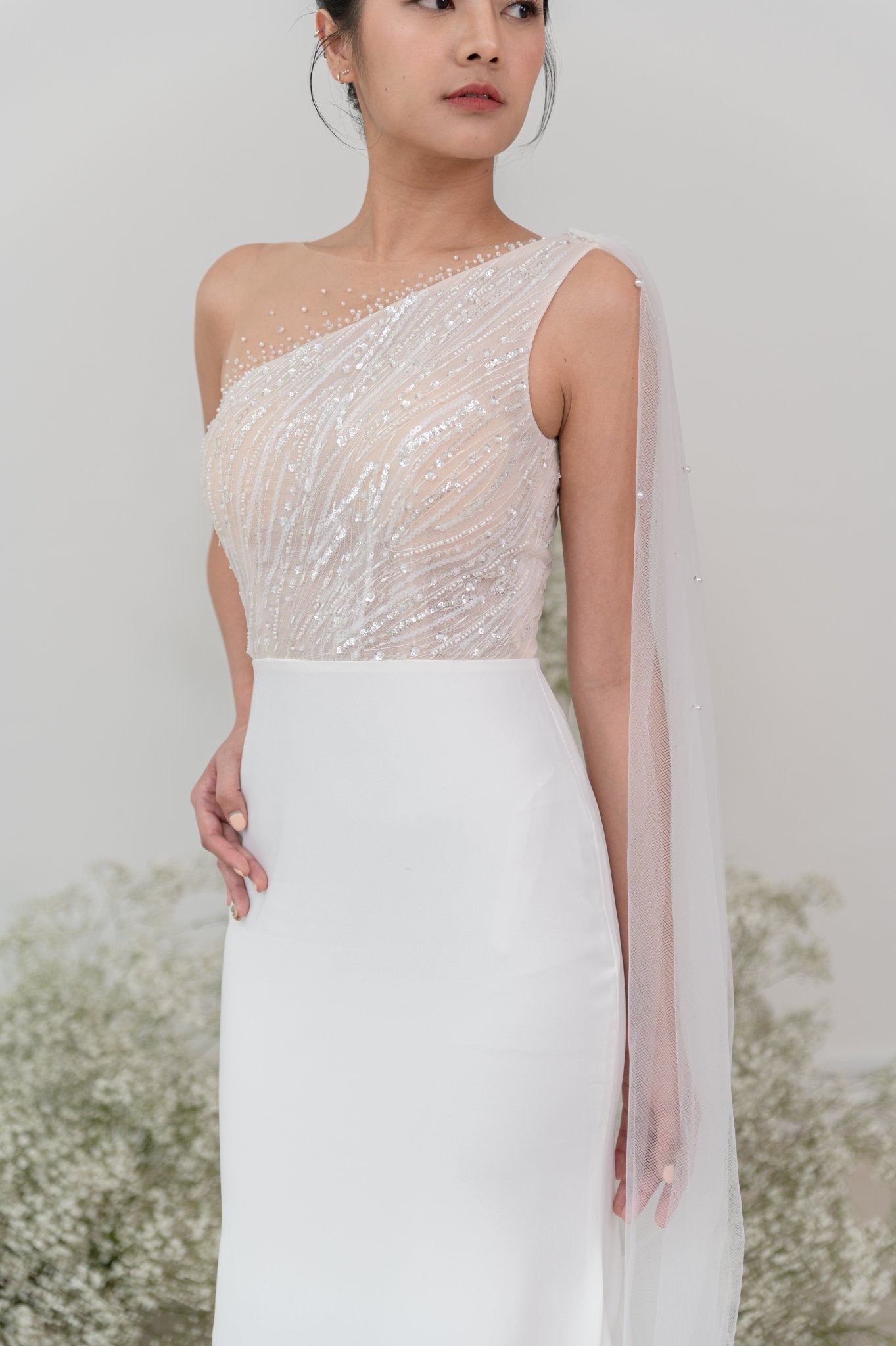 Hazel Wedding Gown Try - On – One - Shoulder Beaded Cape - Laceywedding