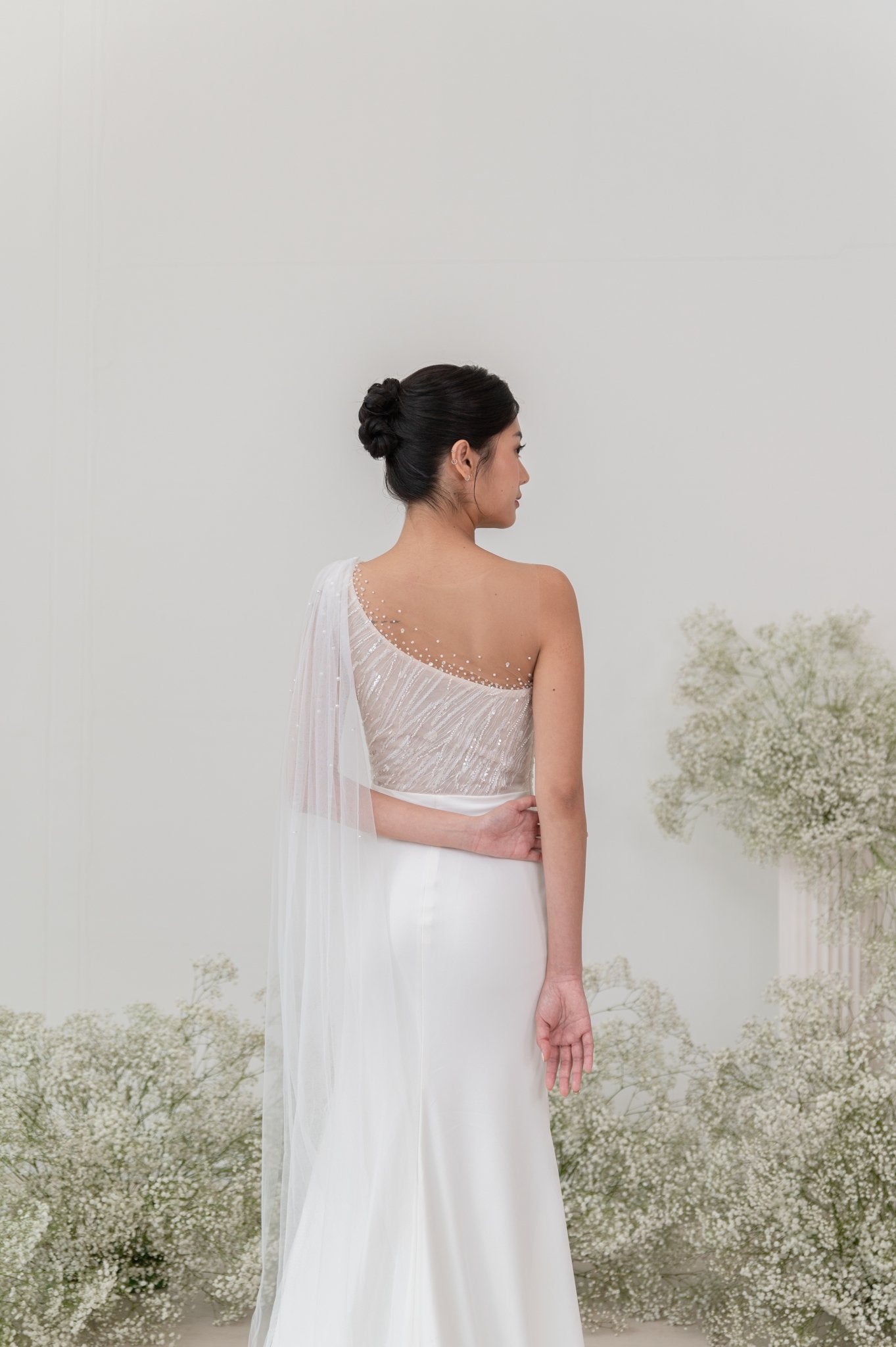 Hazel Wedding Gown Try - On – One - Shoulder Beaded Cape - Laceywedding