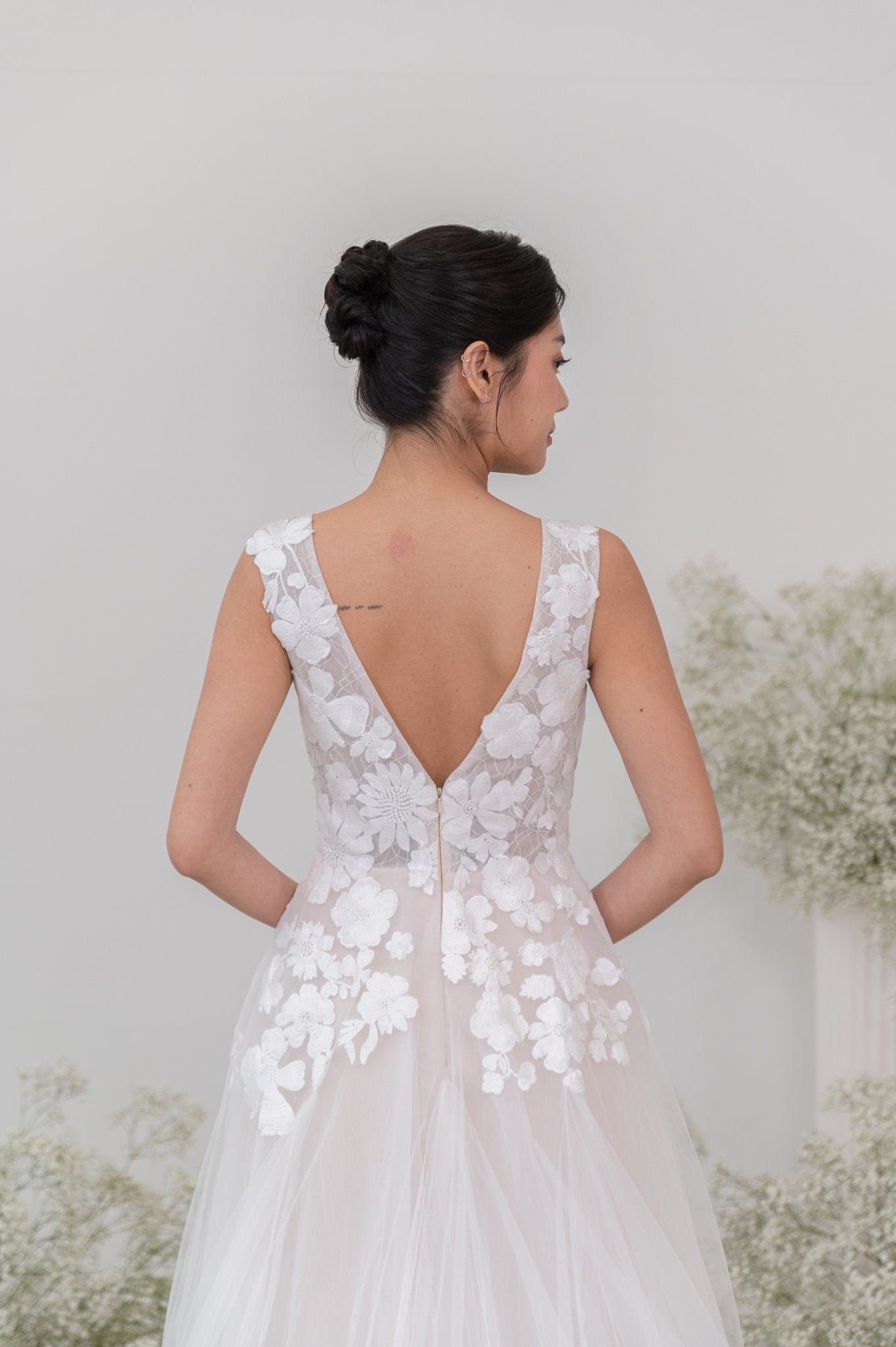 Kacey Floral Lace A - Line Wedding Gown – Deep V - Neck, Tulle Skirt | Try On - Laceywedding