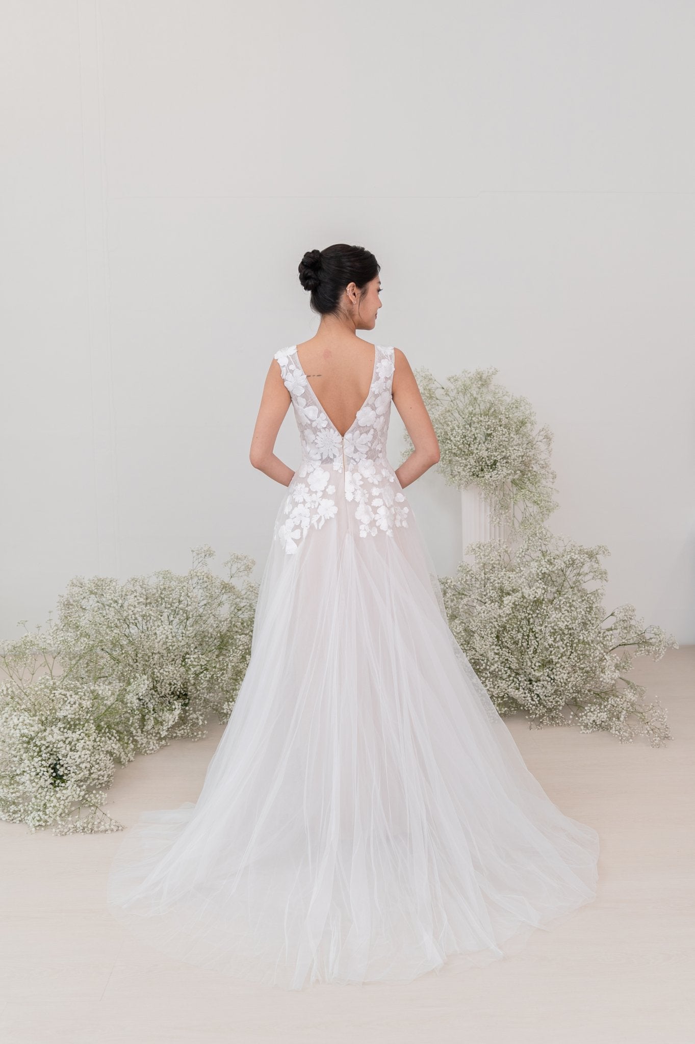 Kacey Floral Lace A - Line Wedding Gown – Deep V - Neck, Tulle Skirt | Try On - Laceywedding