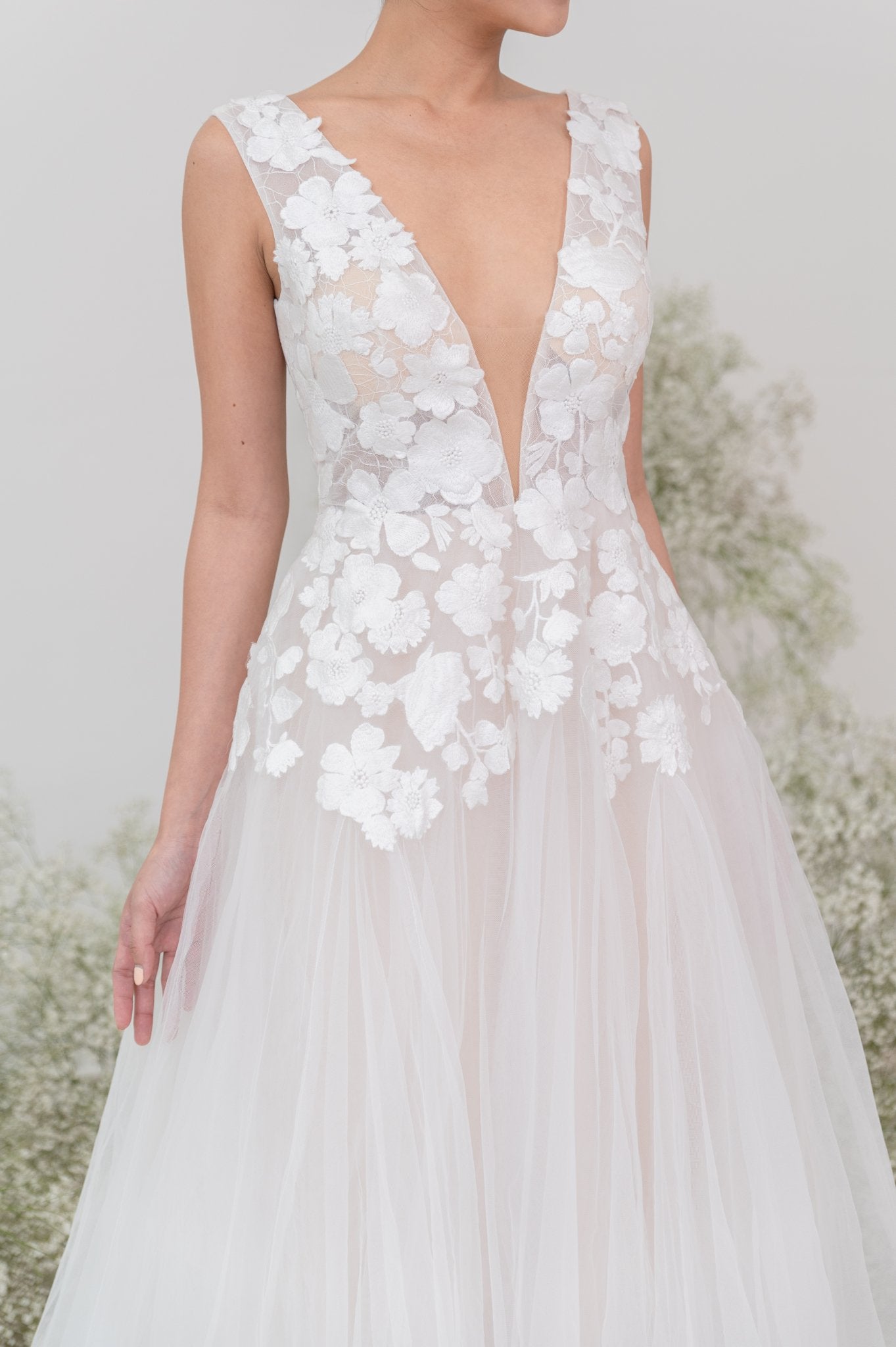 Kacey Floral Lace A - Line Wedding Gown – Deep V - Neck, Tulle Skirt | Try On - Laceywedding