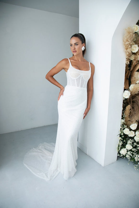 Maybel – Modern Pearl Beaded Corset Wedding Gown | Purchase or Rental Option - Laceywedding